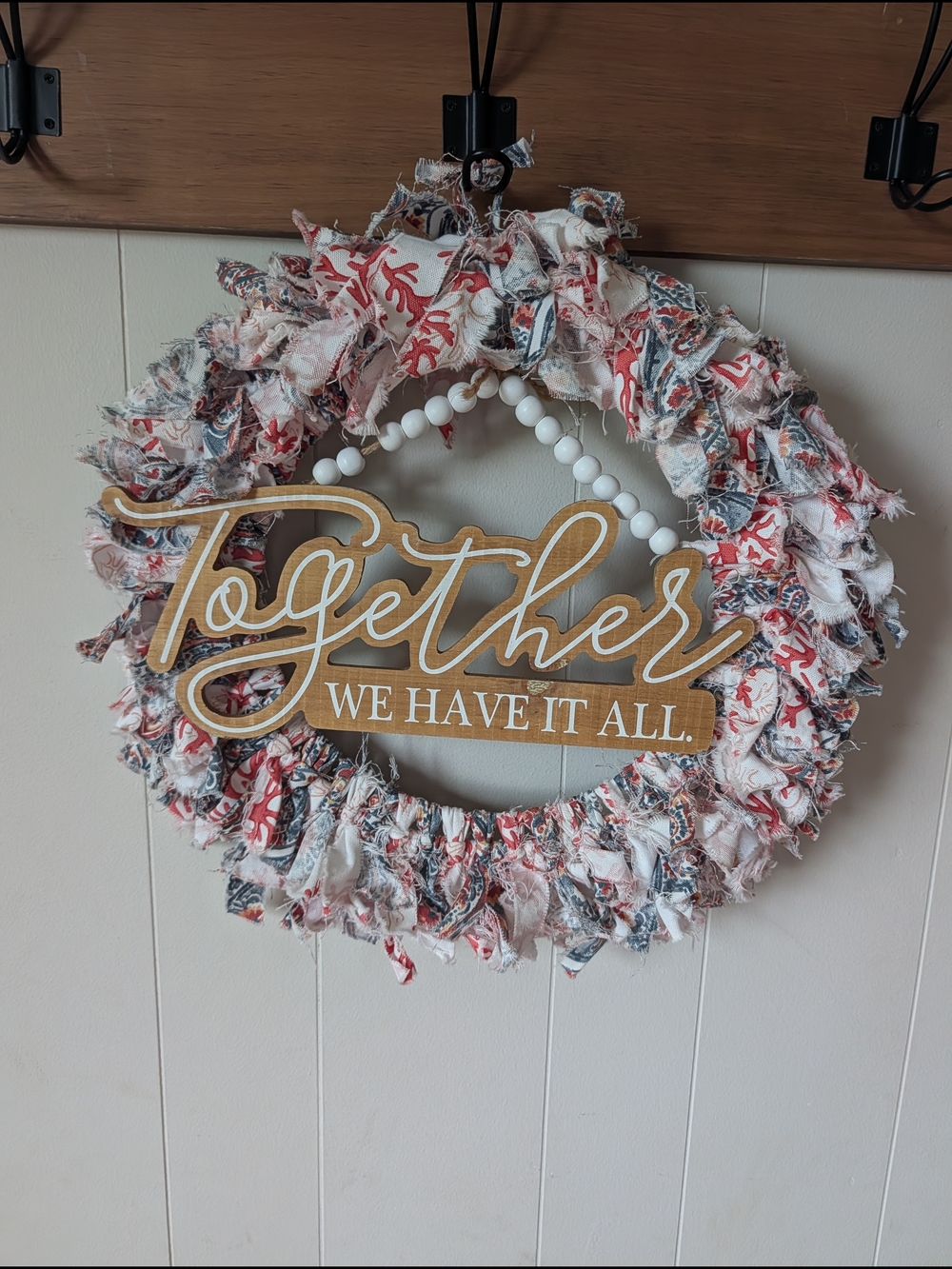 Together We Have It All Fabric Rag Wreath – White, Oranges & Blues